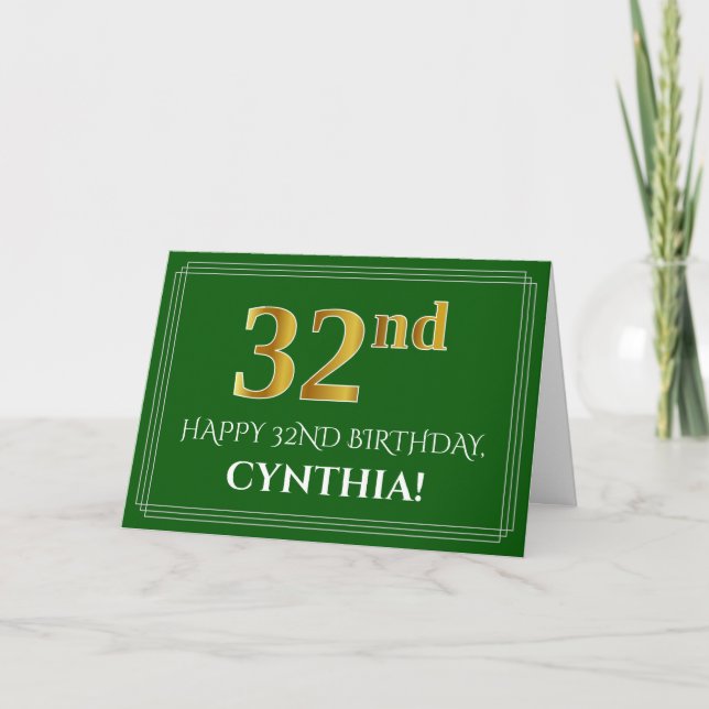 Tarjeta Elegante Faux Gold Look 32nd Birthday, Nombre (Ver (Anverso)