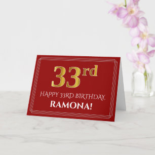 Tarjeta Elegante Faux Gold Look "33" Cumpleaños, Nombre (R