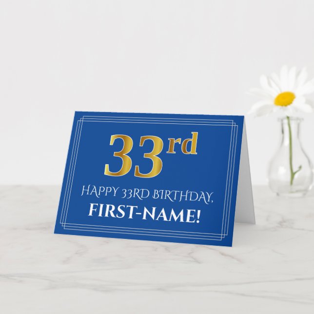 Tarjeta Elegante Faux Gold Look 33rd Birthday, Nombre (Azu (Planta pequeña)