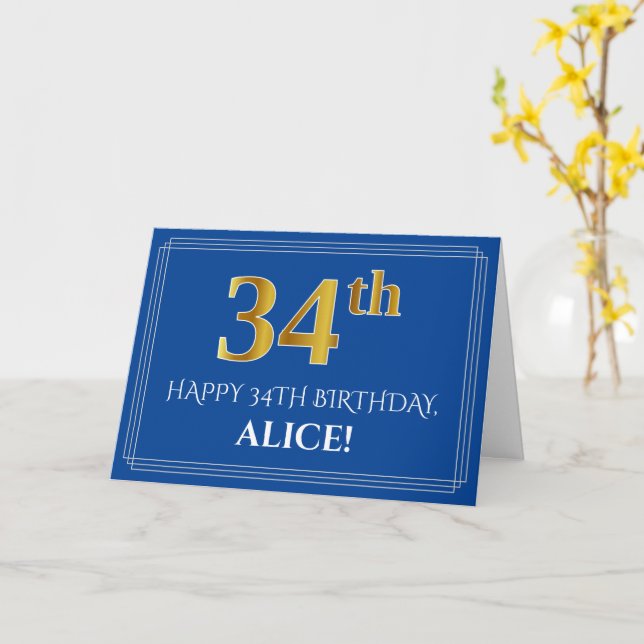 Tarjeta Elegante Faux Gold Look 34th Birthday, Nombre (Azu (flor amarilla)