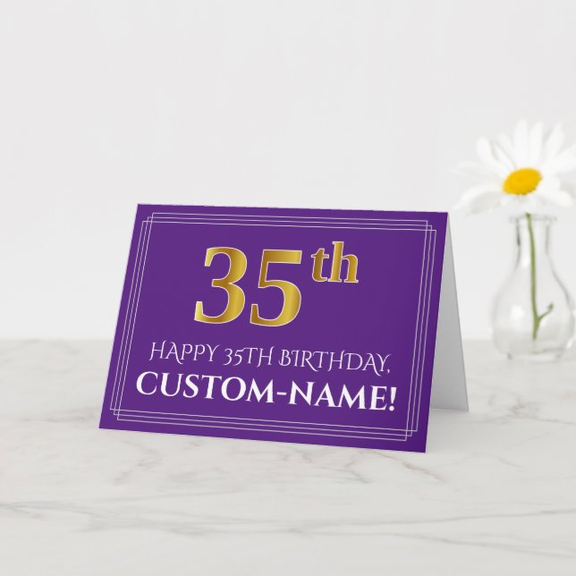 Tarjeta Elegante Faux Gold Look 35th Birthday, Nombre; Pur (Planta pequeña)