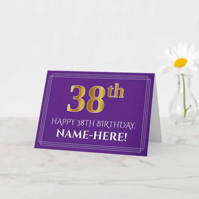 Tarjeta Elegante Faux Gold Look 38th Birthday, Nombre; Pur (Planta pequeña)