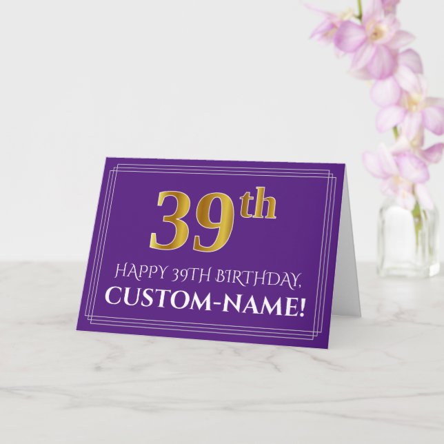 Tarjeta Elegante Faux Gold Look 39th Birthday, Nombre; Pur (Orquídea)