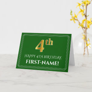 Tarjeta Elegante Faux Gold Look 4º Cumpleaños, Nombre (Ver