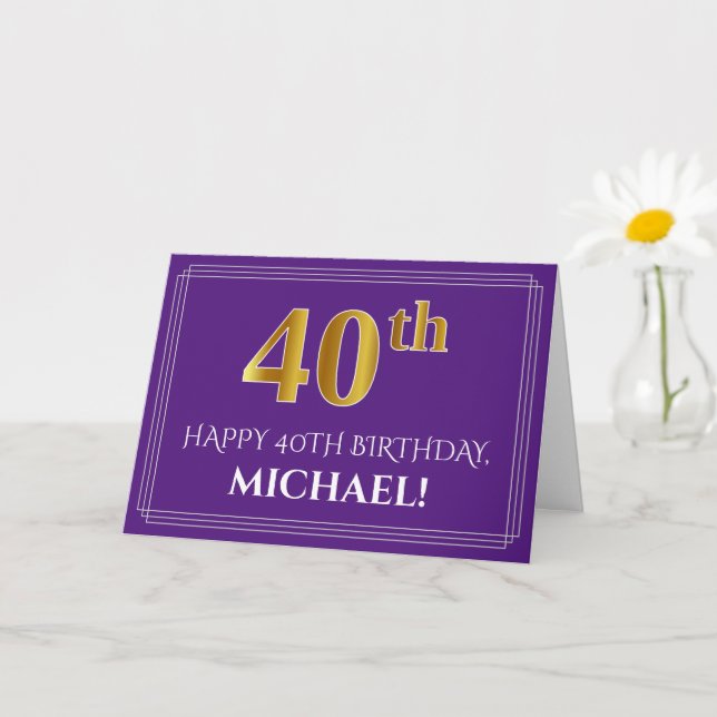 Tarjeta Elegante Faux Gold Look 40th Birthday, Nombre; Pur (Planta pequeña)