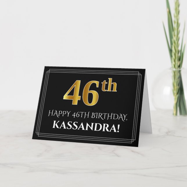 Tarjeta Elegante Faux Gold Look "46th" Cumpleaños + Nombre (Anverso)