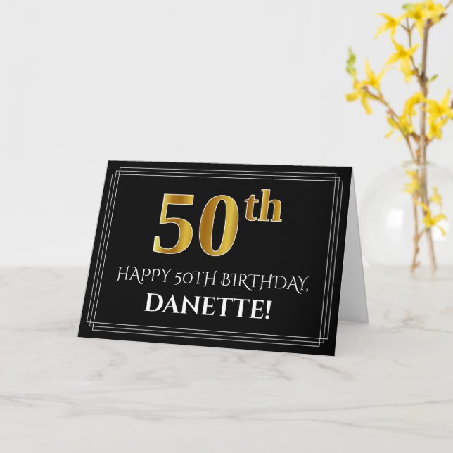 Tarjeta Elegante Faux Gold Look "50" Cumpleaños + Nombre (flor amarilla)