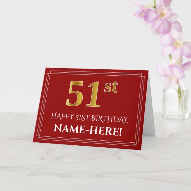 Tarjeta Elegante Faux Gold Look "51st" Cumpleaños, Nombre  (Orquídea)