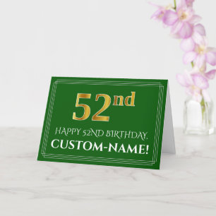 Tarjeta Elegante Faux Gold Look 52nd Birthday, Nombre (Ver