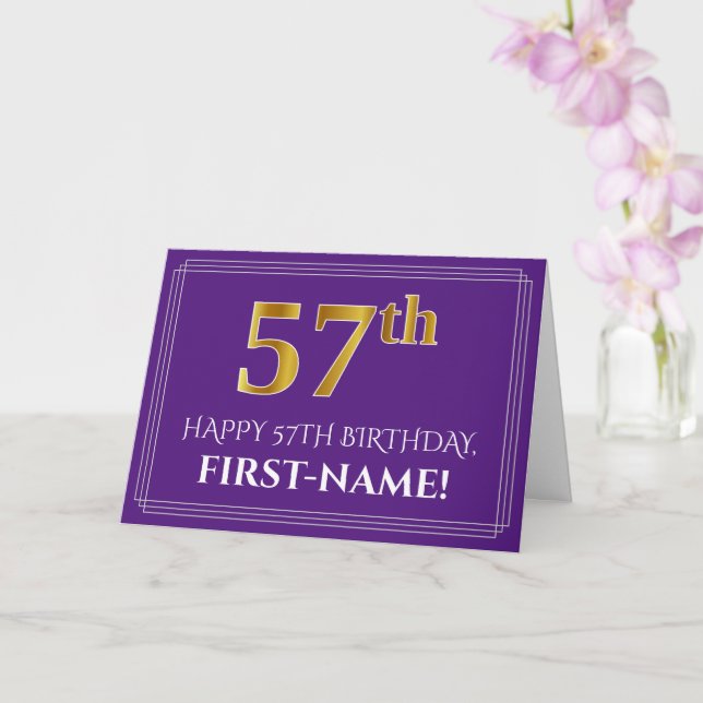 Tarjeta Elegante Faux Gold Look 57th Birthday, Nombre; Pur (Orquídea)