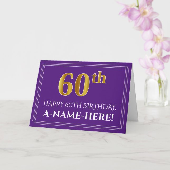 Tarjeta Elegante Faux Gold Look 60th Birthday, Nombre; Pur (Orquídea)