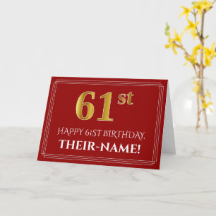 Tarjeta Elegante Faux Gold Look "61st" Cumpleaños, Nombre 