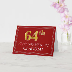 Tarjeta Elegante Faux Gold Look "64th" Cumpleaños, Nombre