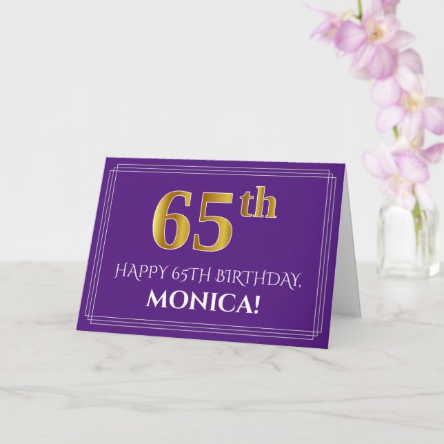 Tarjeta Elegante Faux Gold Look 65th Birthday, Nombre; Pur (Orquídea)