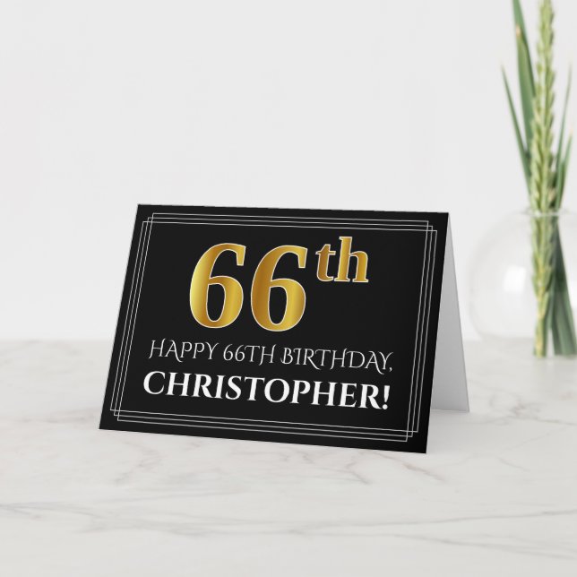 Tarjeta Elegante Faux Gold Look "66th" Cumpleaños + Nombre (Anverso)