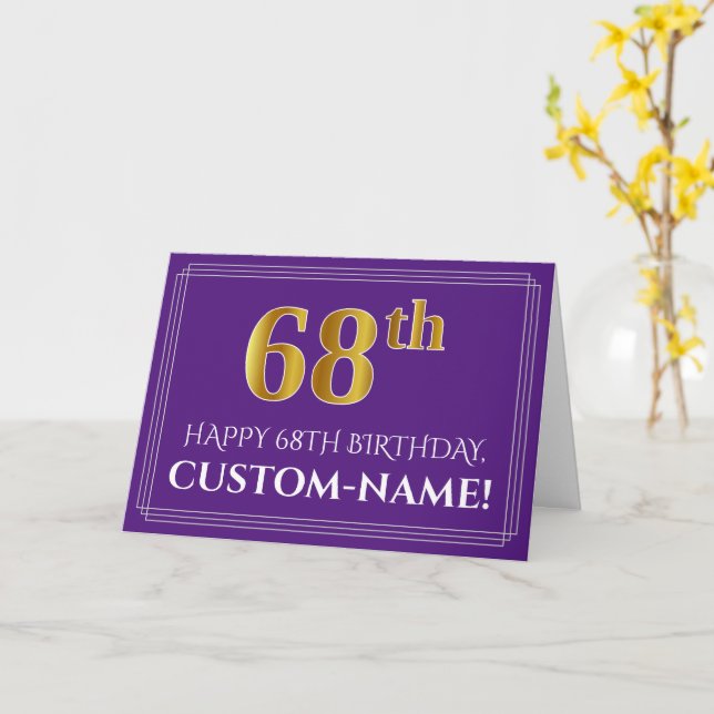 Tarjeta Elegante Faux Gold Look 68th Birthday, Nombre; Pur (flor amarilla)
