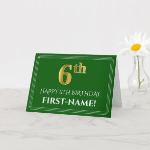 Tarjeta Elegante Faux Gold Look 6Cumpleaños, Nombre (Verde
