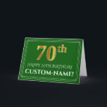 Tarjeta Elegante Faux Gold Look 70th Birthday, Nombre (Ver<br><div class="desc">El frente de este elegante y elegante diseño de tarjetas de felicitación tiene un gran número ordinal "70th" con un aspecto falso/imitación de oro inspirado en el oro, el mensaje "HAPPY 70TH BIRTHDAY", el nombre del destinatario del personalizado, y el patrón de borde que consiste en líneas delgadas sobre un...</div>