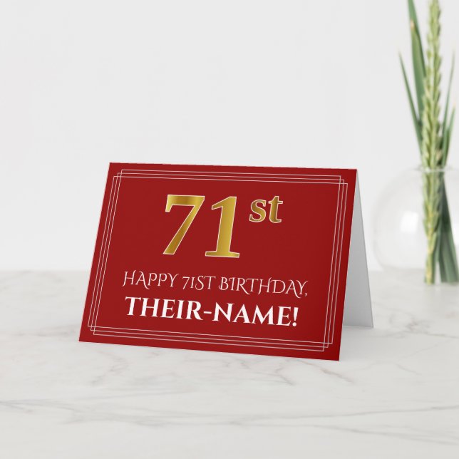 Tarjeta Elegante Faux Gold Look "71st" Cumpleaños, Nombre  (Anverso)