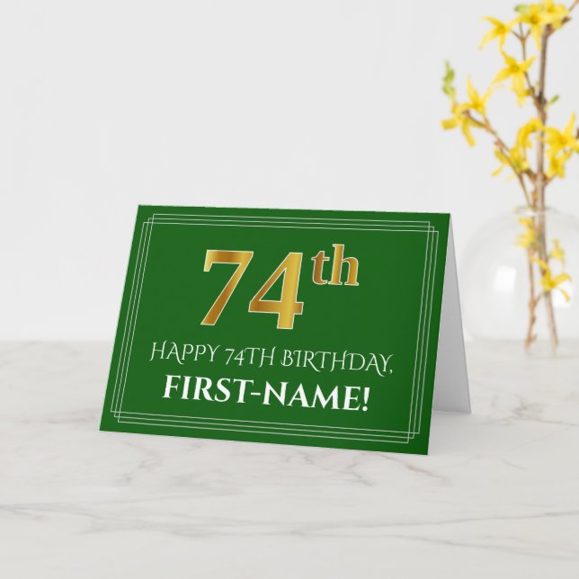 Tarjeta Elegante Faux Gold Look 74th Birthday, Nombre (Ver (flor amarilla)