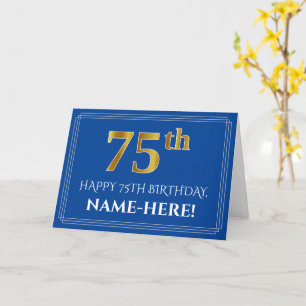 Tarjeta Elegante Faux Gold Look 75th Birthday, Nombre (Azu