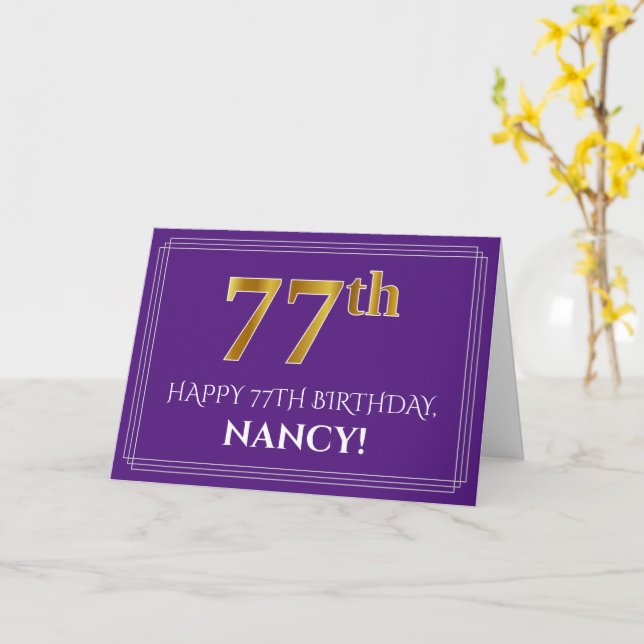 Tarjeta Elegante Faux Gold Look 77th Birthday, Nombre; Pur (flor amarilla)