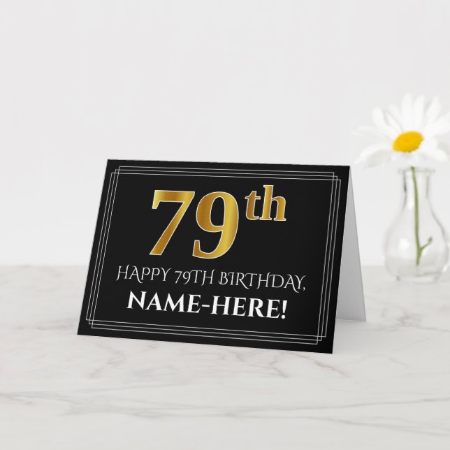 Tarjeta Elegante Faux Gold Look "79th" Cumpleaños + Nombre (Planta pequeña)