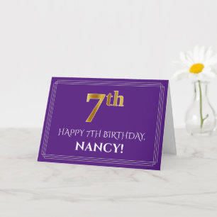 Tarjeta Elegante Faux Gold Look 7Cumpleaños, Nombre; Púrpu