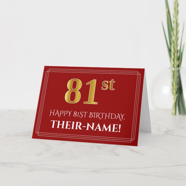 Tarjeta Elegante Faux Gold Look "81st" Cumpleaños, Nombre  (Anverso)