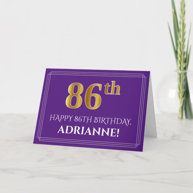 Tarjeta Elegante Faux Gold Look 86th Birthday, Nombre; Pur (Anverso)