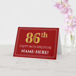Tarjeta Elegante Faux Gold Look "86th" Cumpleaños, Nombre 
