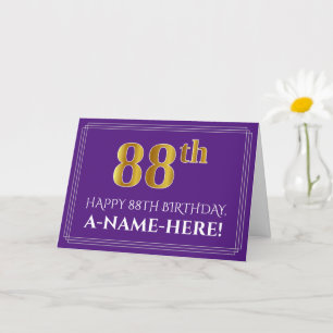 Tarjeta Elegante Faux Gold Look 88th Birthday, Nombre; Pur