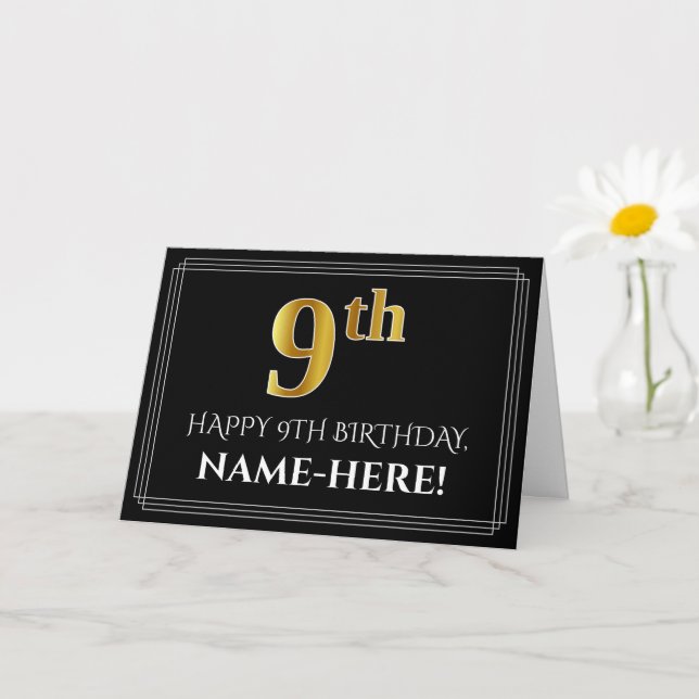 Tarjeta Elegante Faux Gold Look "9º" Cumpleaños + Nombre (Planta pequeña)