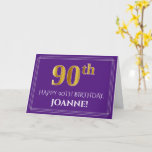 Tarjeta Elegante Faux Gold Look 90th Birthday, Nombre; Pur<br><div class="desc">La parte delantera de este lujoso y elegante diseño de tarjetas de felicitación de cumpleaños tiene un gran número ordinal "90th" con un aspecto falso/imitación de oro inspirado en el oro, el mensaje "HAPPY 90TH BIRTHDAY", un nombre de destinatario personalizado, y un patrón de borde compuesto de líneas delgadas, en...</div>