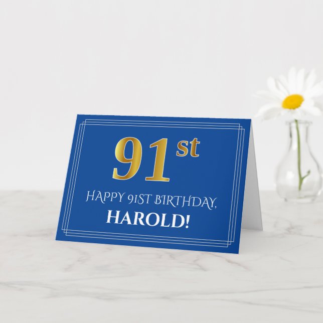Tarjeta Elegante Faux Gold Look 91st Birthday, Nombre (Azu (Planta pequeña)