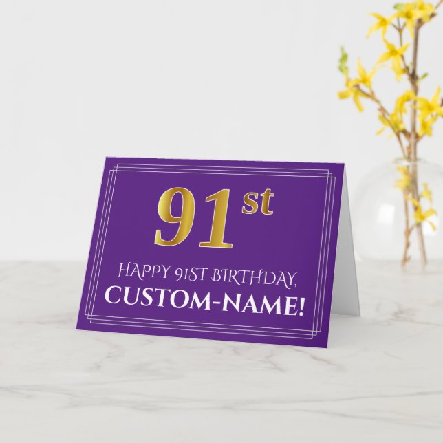 Tarjeta Elegante Faux Gold Look 91st Birthday, Nombre; Púr (flor amarilla)