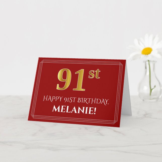 Tarjeta Elegante Faux Gold Look "91st" Cumpleaños, Nombre  (Planta pequeña)