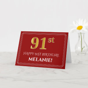 Tarjeta Elegante Faux Gold Look "91st" Cumpleaños, Nombre 