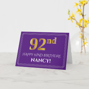Tarjeta Elegante Faux Gold Look 92nd Birthday, Nombre; Púr