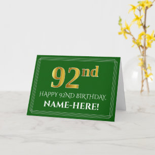 Tarjeta Elegante Faux Gold Look 92nd Birthday, Nombre (Ver
