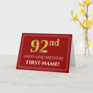 Tarjeta Elegante Faux Gold Look "92nd" Cumpleaños, Nombre