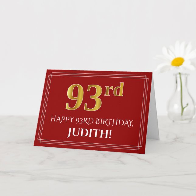 Tarjeta Elegante Faux Gold Look "93" Cumpleaños, Nombre (R (Planta pequeña)