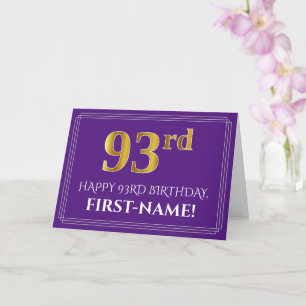 Tarjeta Elegante Faux Gold Look 93rd Birthday, Nombre; Pur