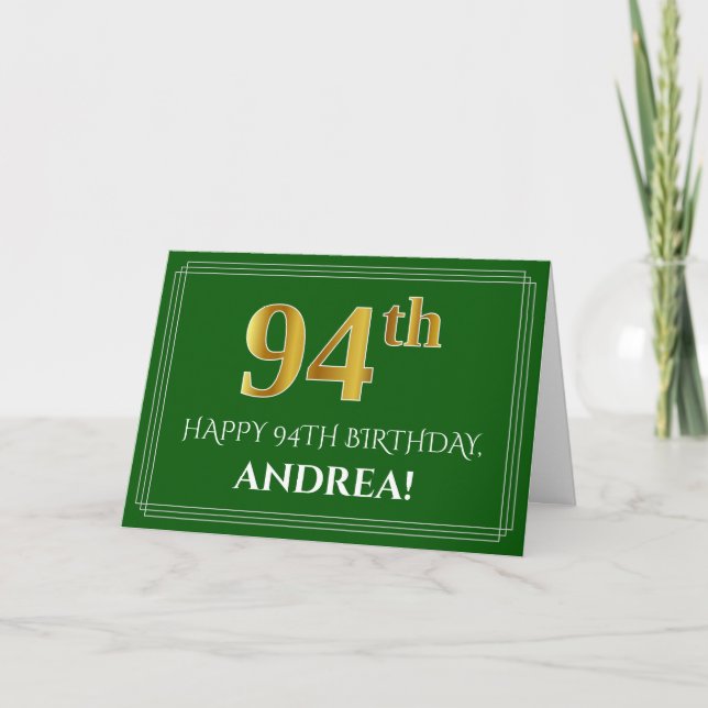 Tarjeta Elegante Faux Gold Look 94th Birthday, Nombre (Ver (Anverso)