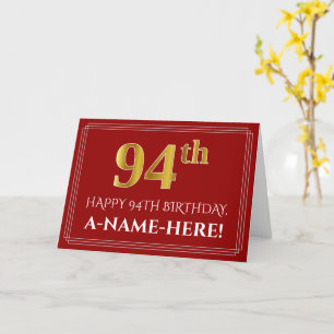 Tarjeta Elegante Faux Gold Look "94th" Cumpleaños, Nombre
