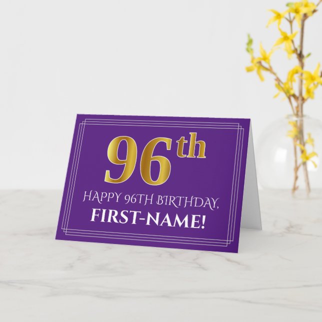 Tarjeta Elegante Faux Gold Look 96th Birthday, Nombre; Pur (flor amarilla)