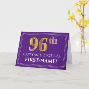 Tarjeta Elegante Faux Gold Look 96th Birthday, Nombre; Pur
