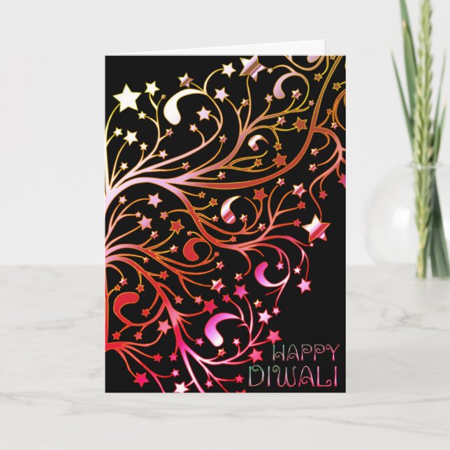 Tarjeta Elegante Feliz Diwali Estrellas Negro Oro Rosa (Anverso)