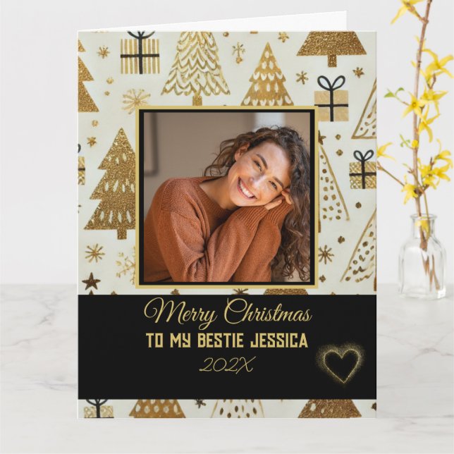 Tarjeta Elegante Feliz Navidad Bestie Negro y Oro (flor amarilla)