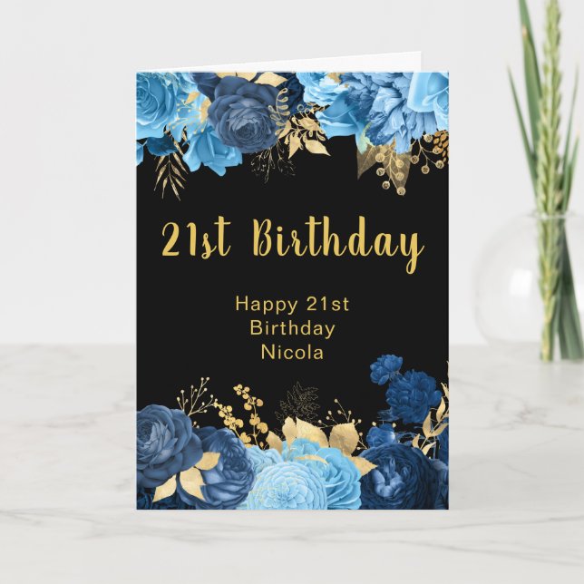 Tarjeta Elegante Fiesta de Cumpleaños de Flores Azules y D (Anverso)